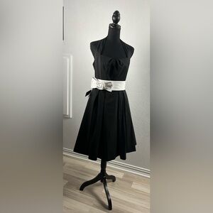White House Black Market Formal A Line Black Dress with White Sash Sz 10 Holiday